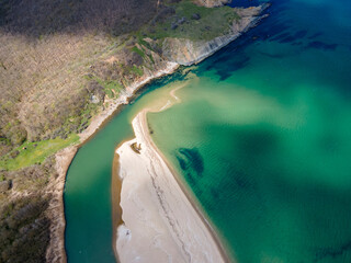 Aerial view of beach at the mouth of the Veleka River, Bulgaria