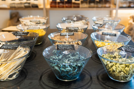 Spice bowls with price tag arranged on table in store