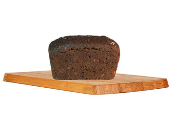 rectangular rye bread with various seeds on a wooden board isolated on white background