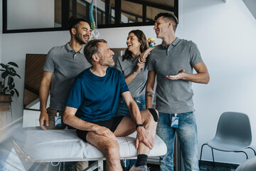 Cheerful male physical therapists standing behind patient at massage table