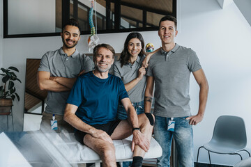 Smiling physiotherapists standing behind male patient in practice