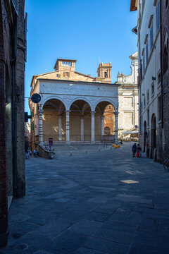 Italy, Tuscany, Siena, Sculpture of wolf,&nbsp;Loggia del Papa arcade