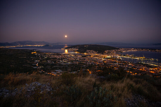 Illuminated townscape at night, Trogir, Croatia