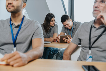 Smiling man using digital tablet by female trainee on bench in classroom