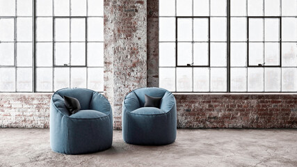 Three dimensional render of two chairs standing in front of windows inside industrial loft