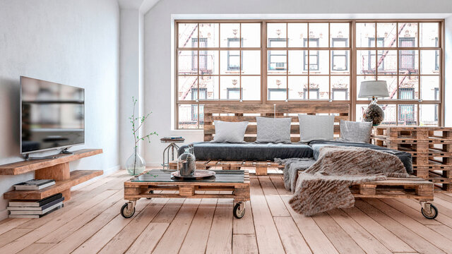 Three dimensional render of living room with furniture made of wooden pallets