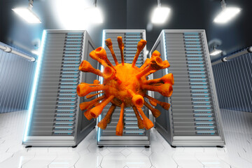 Three dimensional render of large virus cell floating in front of network server towers standing in server room