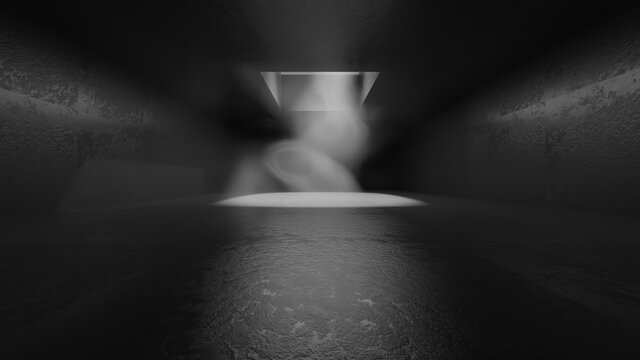 Three dimensional render of dark and dusty concrete interior