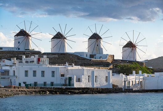 Greece, Mykonos, Horta, Row of seaside windmills