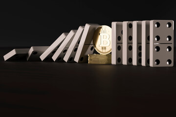 CGI concept of decentralized finance bitcoin stopping aligned domino blocks from falling