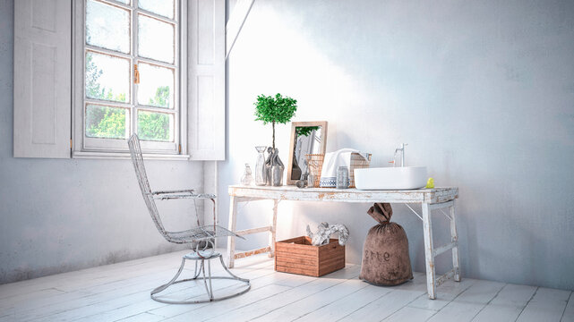 Three dimensional render of interior of rustic bathroom