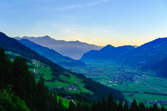 View over Ziller valley at dawn, Tyrol, Austria