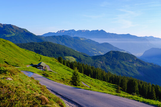 View over Zillertaler mountain road near Kaltenbach, Ziller valley, Tyrol, Austria