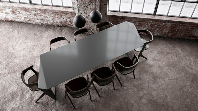 Three dimensional render of modern dining table inside industrial loft