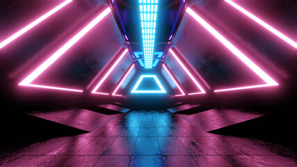 Three dimensional render of futuristic corridor illuminated by pink and blue neon lighting