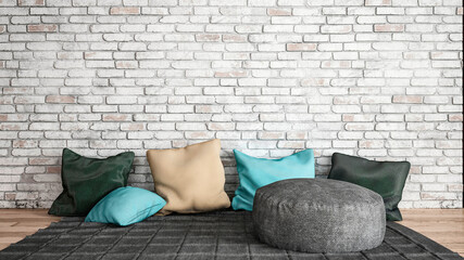Three dimensional render of relaxation area consisting of rug and cushions placed in front of brick wall