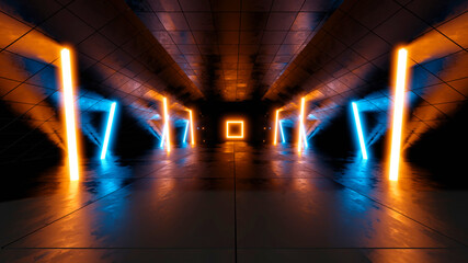 Three dimensional render of dark futuristic corridor illuminated by blue and orange neon lights