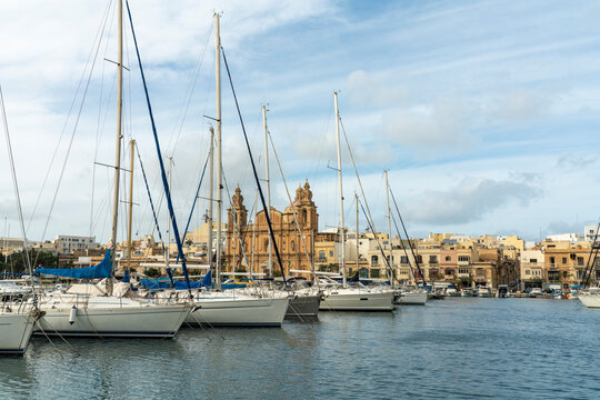 Malta, Central Region, Msida, Yachts moored in town harbor