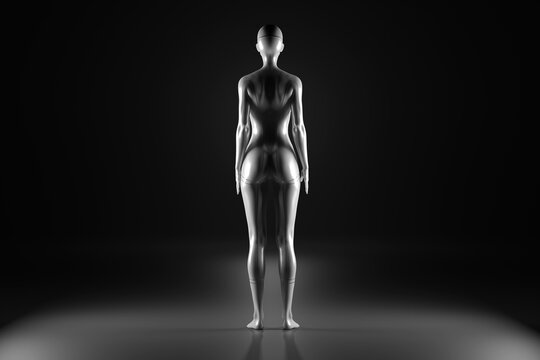 Three dimensional render of gynoid standing against black background