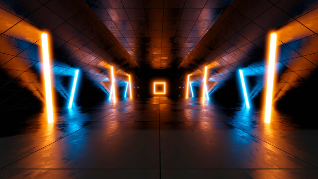 Three dimensional render of dark futuristic corridor illuminated by blue and orange neon lights