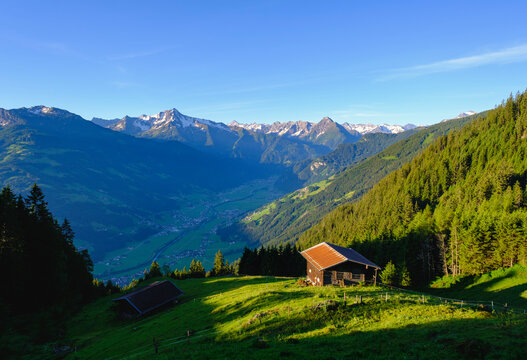 View over Ziller valley with alpine cabins, Tyrol, Austria
