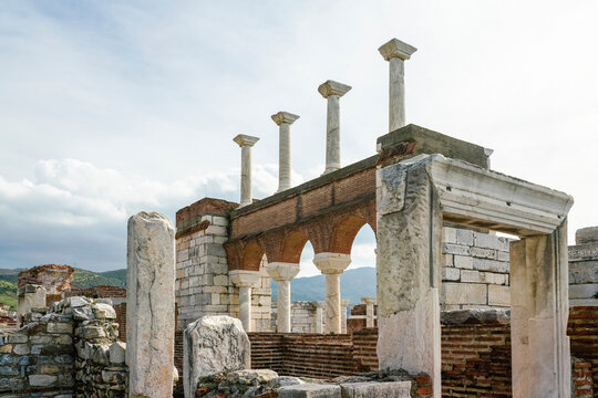 Turkey, Izmir Province, Selcuk, Columns in ancient ruins of Basilica of Saint John