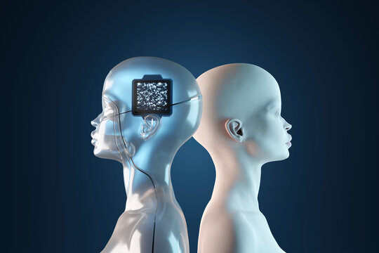 Three dimensional render of two gynoids standing back to back