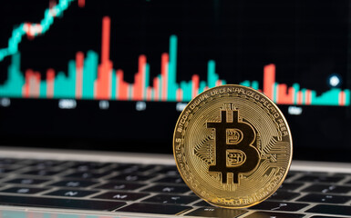 Gold colored bitcoin on laptop