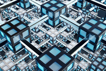 Three dimensional render of blue interconnected cubes creating mapped network