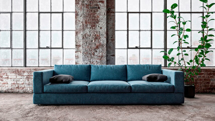 Three dimensional render of modern sofa standing in front of windows inside industrial loft