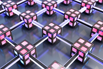 Three dimensional render of pink interconnected cubes creating mapped network