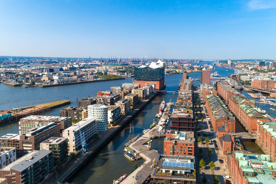 Cityscape with Hafencity, Speicherstadt and Elbphilharmonie, Hamburg, Germany