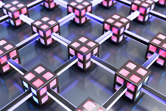 Three dimensional render of pink interconnected cubes creating mapped network
