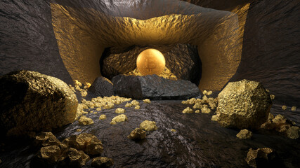 3D illustration of Bitcoin inside Bitcoin mine