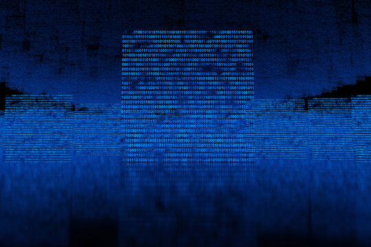 Three dimensional render of blue floating binary codes