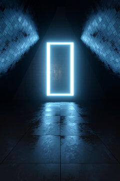 Three dimensional render of blue rectangular gate glowing at end of dark empty interior