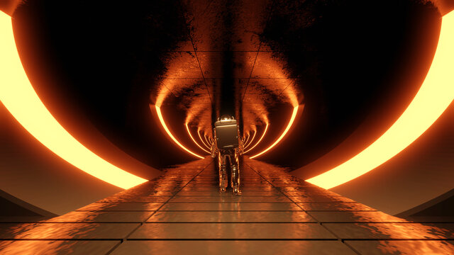 Three dimensional render of lone astronaut exploring futuristic corridor illuminated by orange glowing arches