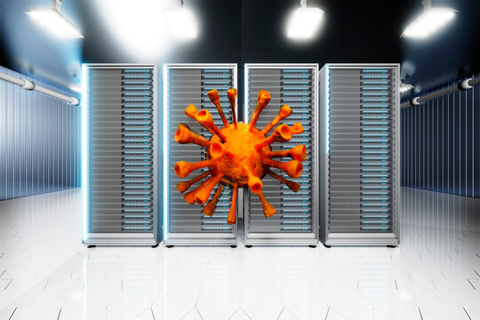 Three dimensional render of virus infecting server racks standing inside illuminated server room