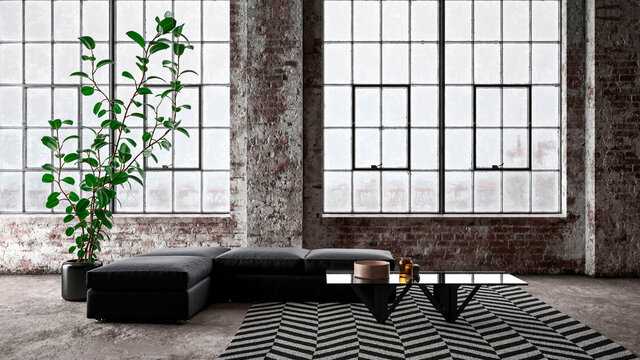 Three dimensional render of interior of industrial loft with sofa, coffee table and chevron pattern rug