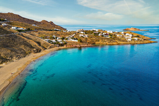 Turquoise water on beach of Agios Sostis in Mykonos, Greece