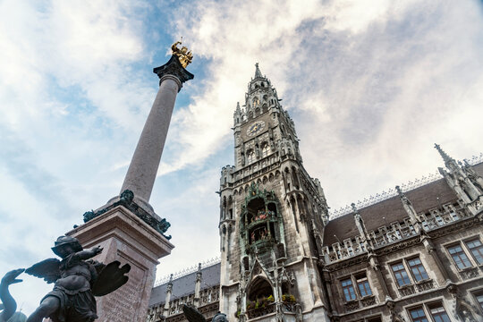 New town hall of Marienplatz and Marian Column at Munich, Bavaria, Germany