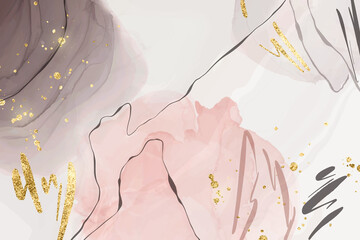 Abstract pink and grey liquid watercolor background with golden glitter brushstrokes and lines. Elegant fluid marble alcohol ink drawing effect with golden stains. Vector illustration in earth colors