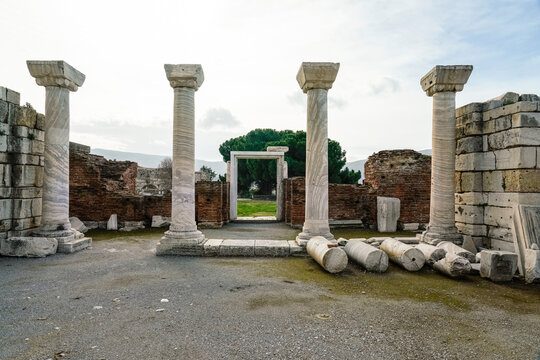 Turkey, Izmir Province, Selcuk, Columns in ancient ruins of Basilica of Saint John