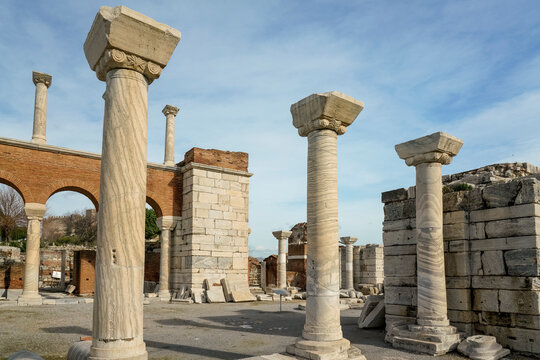 Turkey, Izmir Province, Selcuk, Columns in ancient ruins of Basilica of Saint John