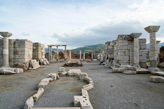 Turkey, Izmir Province, Selcuk, Columns in ancient ruins of Basilica of Saint John