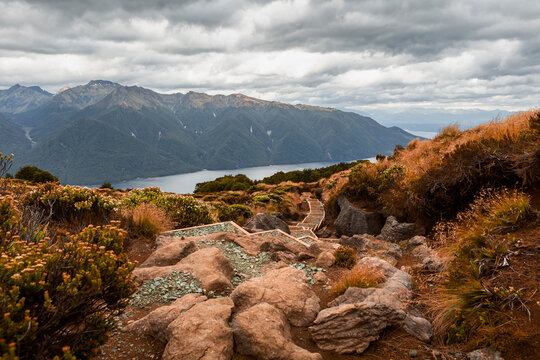 New Zealand, South Island, Fiordland National Park, Footpath in mountains surrounding fjord