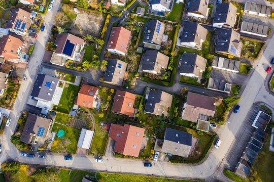 Germany, Baden Wurttemberg, Geislingen an der Steige, Aerial view of modern residential district with photovoltaic system