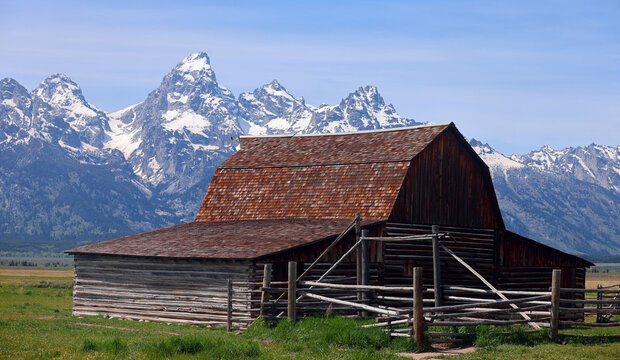 old barn in the mountains, Moulton barn and  Tetons in the afternoon 