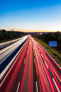 Light trails at a motorway at dusk, Leonberg, Germany