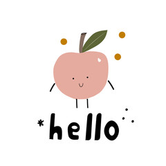 cute cartoon apple with hands and eyes. handwritten text. poster for children. beautiful fruit. child's drawing for t-shirt print design.